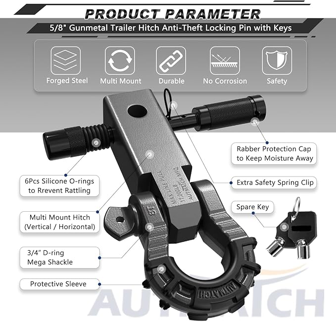 AUTMATCH Shackle Hitch Receiver 2" with 3/4" Mega D Ring Shackle and 5/8" Trailer Hitch Lock Pin, 68,000 Lbs Break Strength Heavy Duty Receiver Towing Kit for Off-Road Vehicle Recovery, Gunmetal Gray