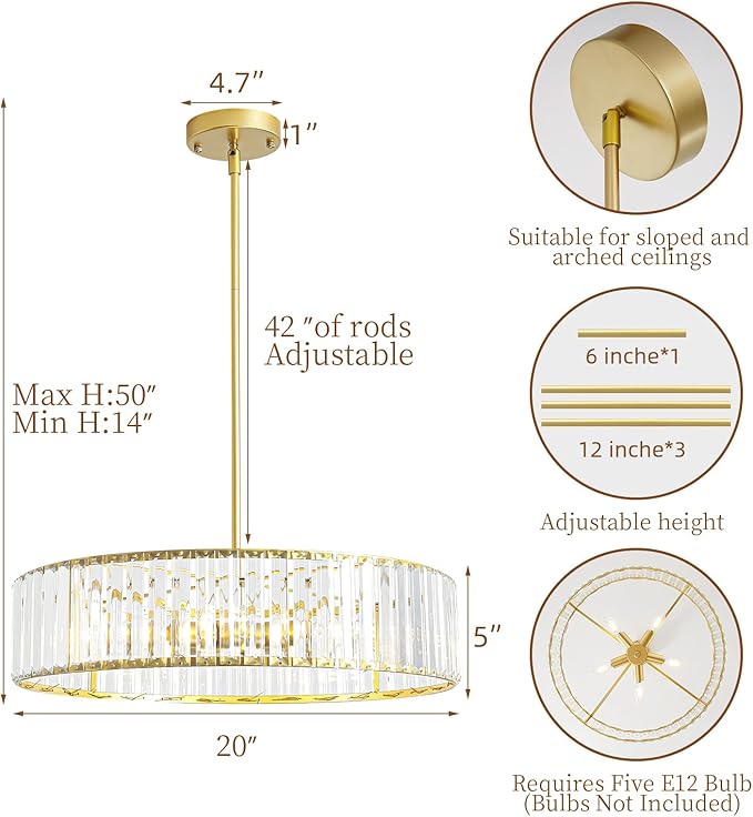 5-Light Gold Crystal Chandelier for Dining Room, Modern Semi Flush Mount Chandelier Lighting Fixtures, Round Kitchen Hanging Drum Pendant Lights Ceiling for Living Room Bedroom Entryway Foyer， 20 Inch