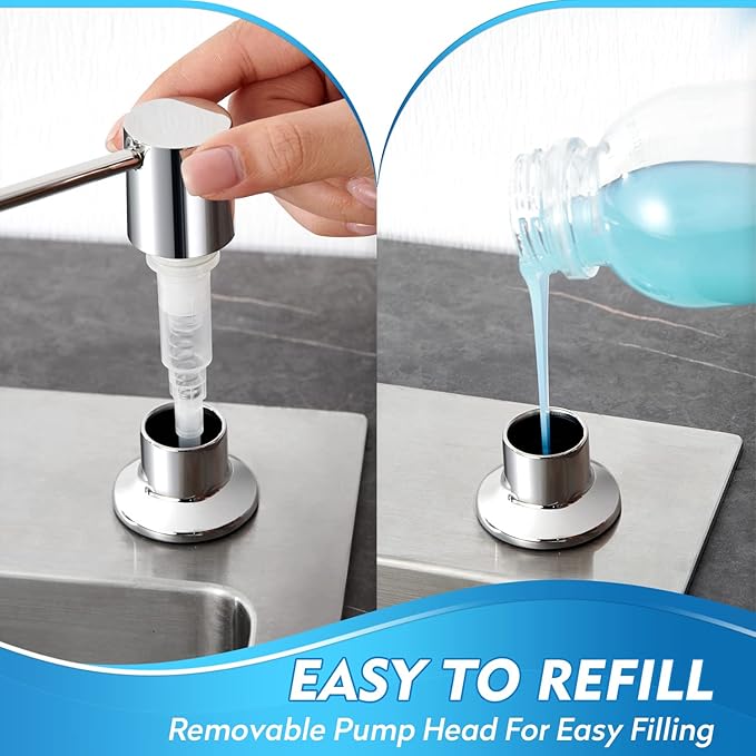 CREA Chrome Built-in Soap Dispenser for Kitchen Sink,Stainless Steel Kitchen Dish Soap Dispenser Pump,in Counter Soap Dispensers Under Sink Mouted Soap Dispenser Set 39" Tube 17oz Large Bottle