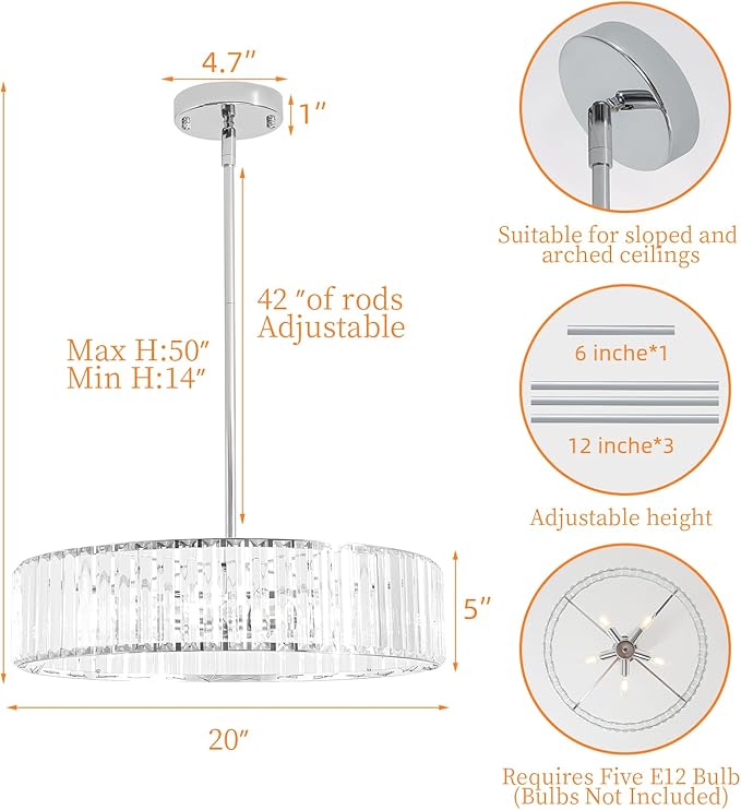 Modern Chrome Crystal Chandelier,20in Dinning Room Light Fixture,Round Kitchen Hanging Drum Pendant Lights,Semi Flush Mount Ceiling for Living Room Entryway Bedroom Foyer, 5-Light