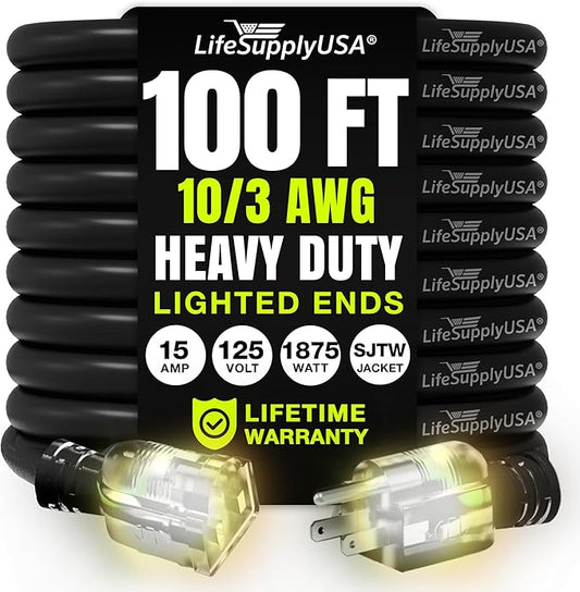 100ft Outdoor/Indoor Extension Cord 12/3 Gauge Extra Heavy Duty 3 Prong SJTW, Waterproof, Flexible Cold-Resistant Long Power Cord,15A 125V 1875W, Black by LifeSupplyUSA