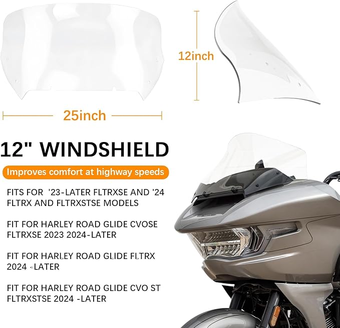 12" Windscreen Windshield Compatible with Harley Road Glide CVO/SE FLTRXSE 2023 2024 FLTRX 2024 CVO ST FLTRXSTSE 2024,Clear