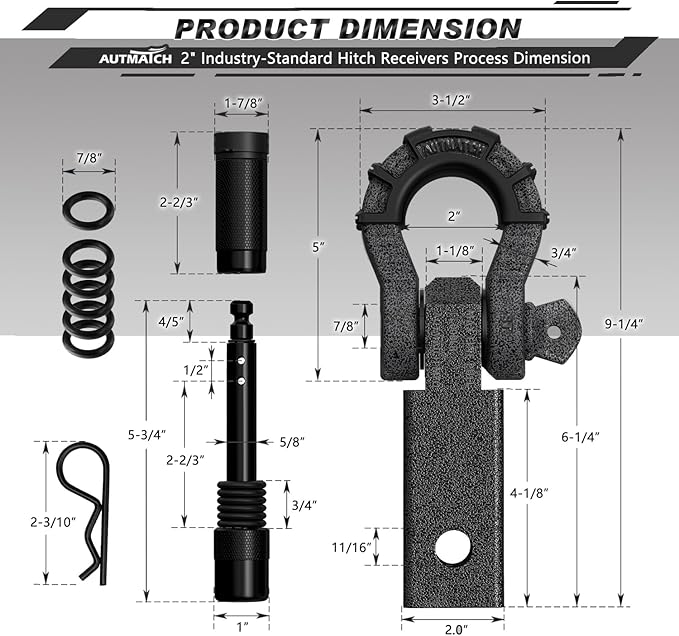 AUTMATCH Shackle Hitch Receiver 2" with 3/4" Mega D Ring Shackle and 5/8" Trailer Hitch Lock Pin, 68,000 Lbs Break Strength Heavy Duty Receiver Towing Kit for Off-Road Vehicle Recovery, Grainstone