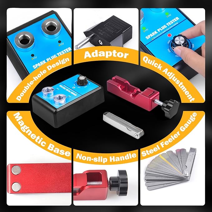 Spark Plug Tester & Spark Plug Gap Tool Kit 0 to 6000RPM with Double Hole Spark Plug Adjustable Gap Tool with Feeler Gauge Ignition Coil Tester for 12V Gasoline Vehicles Spark Plug Socket