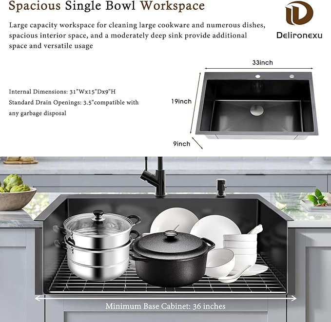33 Inch Black Kitchen Sink Drop In – Delironexu 33x19 Drop In Kitchen Sink, 16 Gauge Black Stainless Steel sink Top Mount, Single Bowl kitchen Sinks with 4 Accessories