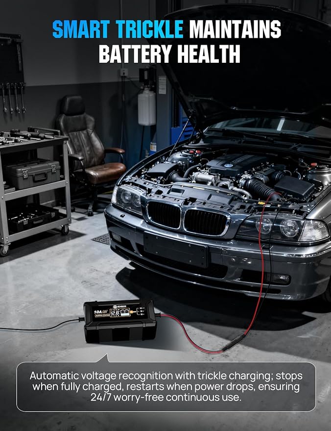 DC House Battery Charger 12V 10A, Smart Car Trickle Charger Fully Automatic Maintainer Desulfator for Lead-Acid & LiFePO4 Batteries Car Motorcycle Truck Lawn Mower