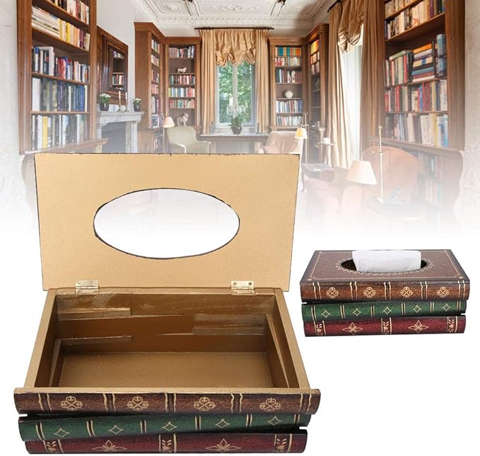 Book Shaped Tissue Box, Wooden Tissue Box with Hand Painted Antique, Large Capacity Napkin Holder for Home Car Decor, Storage Box for Small Items
