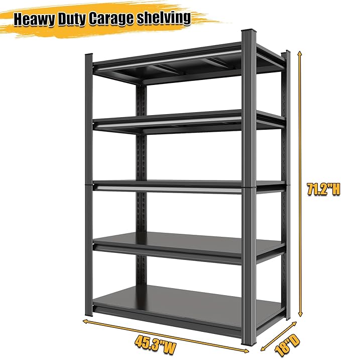 2500LBS Heavy Duty Garage Shelving, 72" H Storage Shelves, Metal Adjustable Garage Shelves, Shelving Units Industrial, Standing Shelf for Warehouse, Basement, Pantry Closet, Black