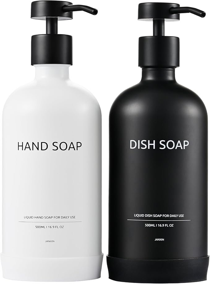Kitchen Soap Dispenser Set with Non-Slip Protective Silicone Pad,Hand Soap Dispenser for Kitchen and Bathroom Decor, White and Black Kitchen Accessories (White Bottles+Black Bottles)