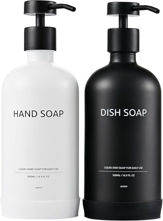 Kitchen Soap Dispenser Set with Non-Slip Protective Silicone Pad,Hand Soap Dispenser for Kitchen and Bathroom Decor, White and Black Kitchen Accessories (White Bottles+Black Bottles)