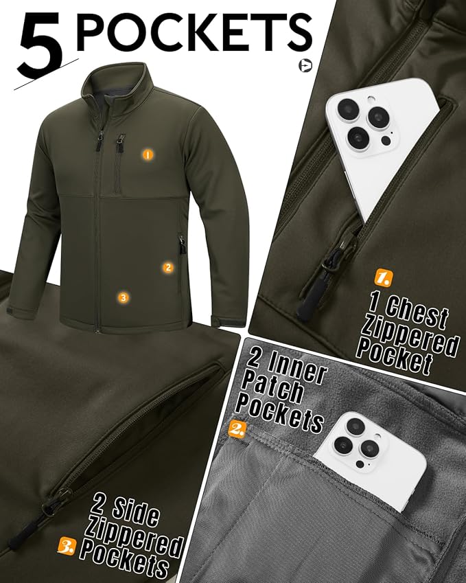 Outdoor Ventures Men's Softshell Jacket Waterproof Fleece Lined Rain Shell Jacket Lightweight Windbreaker for Hiking Travel