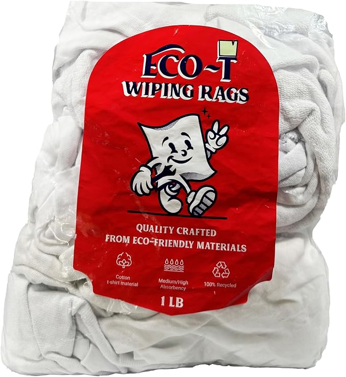 1 Lb Bag Eco-T Paint Rags - White T-Shirt Material, 100% Recycled, Eco-Friendly, High Absorbency, Low Lint, Low-Cost, Painting and Cleaning Cloth