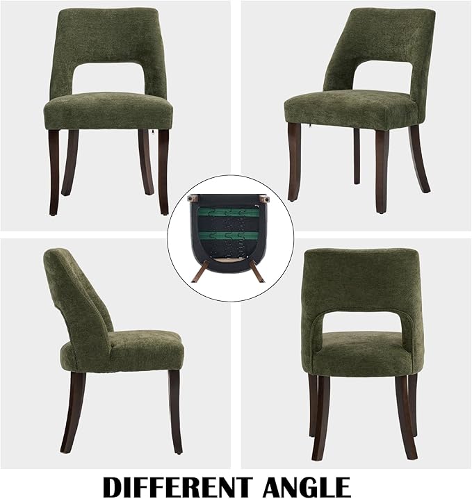 UVV Wooden Dining Chairs Set of 6, Mid Century Modern Chenille Upholstered Dining Room Chair Kitchen Chairs, Farmhouse Dinner Chair with Solid Wood Legs for Kitchen Dining Room, Green-Chenille