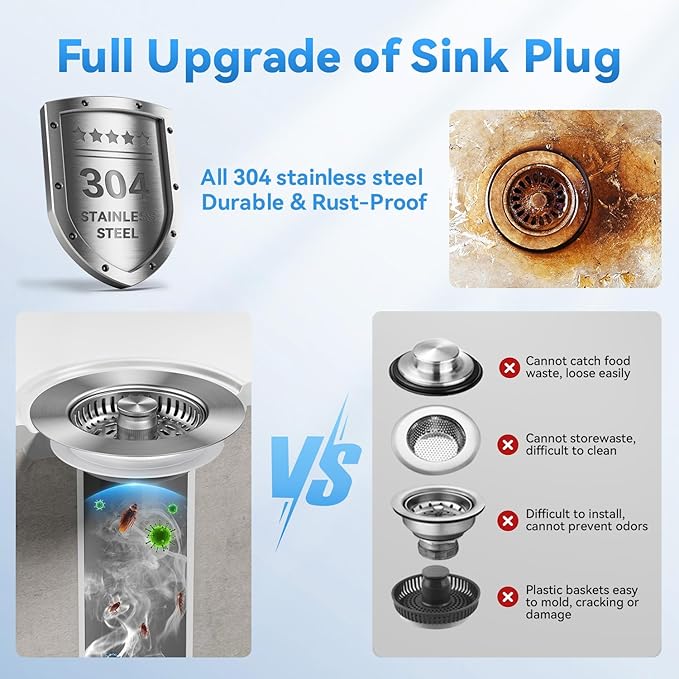 3-in-1 Stainless Steel Kitchen Gadget, JOMST Kitchen Sink Drain Strainer – Fast Drain, Water-Saving Stopper & Odor Blocker, 10,000 Pop-Up Tested, Fits Standard 3½″ Sink Drains