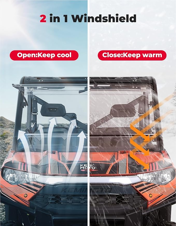 KEMIMOTO 2-IN-1 Flip Windshield Compatible with Ranger 1000, Scratch Resistant Fold Front Windshield Compatible with Polaris Ranger XP 900/1000/ Crew XP 1000/ Diesel 2014-2025