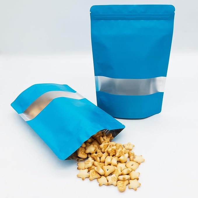 4CP 100 Pcs Blue Zipper Smell Proof Bags with Window, 6.3x9.5 Inch Stand Up Foil Pouches for Food Selfsealing Storage, Reusable Bag for Packaging Small Business, Cookies, Nunt, Candy