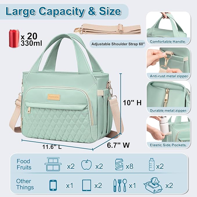 Lunch Bag Lunch Box Women - Insulated Lunch Tote Bag for Women Men, Leakproof Large Womens Lunch Bags for Work, Lunch Cooler Bag for Adult with Side Pocket for Picnic, Hiking, Beach (Green)