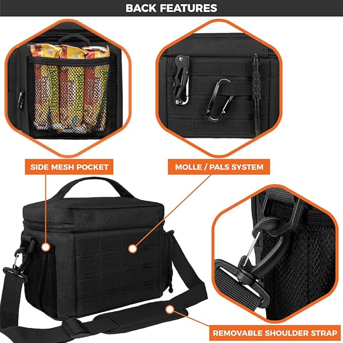 opux Tactical Lunch Box for Men, Black Mens Insulated Lunch Bag for Adult, Leakproof Soft Lunch Cooler with MOLLE Mesh Side Pockets, Multicam Heavy Duty Lunchbox Pail for Work Women, Medium 10 Cans