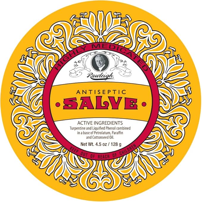 Rawleigh Antiseptic Salve Iconic Yellow Big Tin: 4.5 oz, Multi-Purpose Ointment Soothes Cuts, Bruises, Irritations, with Turpentine, Phenol, Cottonseed Oil & Paraffin, Original Formula - Pack of 6