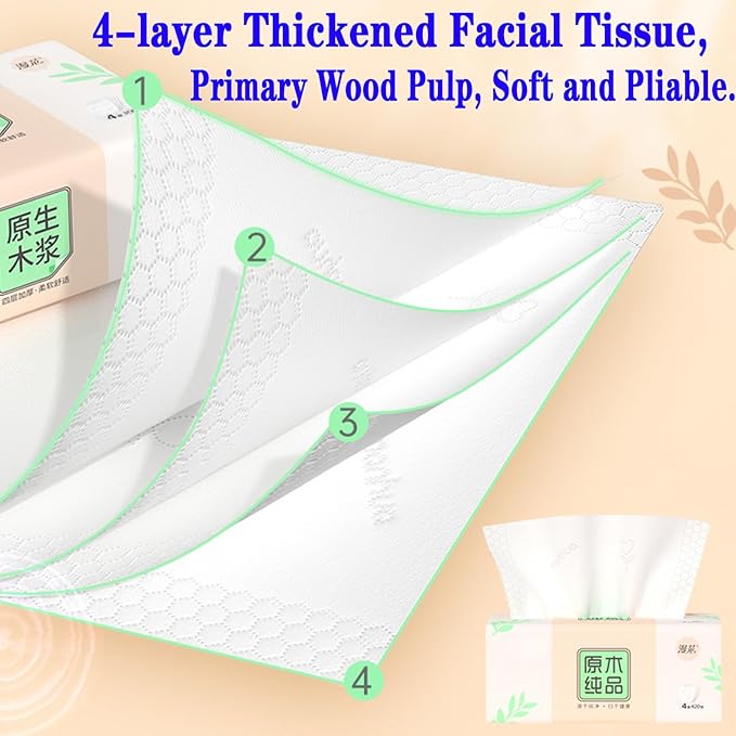 Pack of 6, Soft Small Facial Tissue, Toilet Paper, Disposable Napkin, Bag Cover NOT Box, White Facial Paper, Material Native Wood Pulp Fiber NOT COTTON, 4-Ply