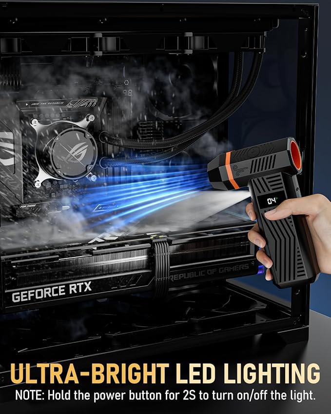 EVEAGE Compressed Air Duster, 180000RPM 4-Gear Adjustable Electric Air Duster with Display Screen & LED Light, 5000mAh Rechargeable Cordless Air Blower for Keyboard/PC/Car/Home Cleaning Reusable