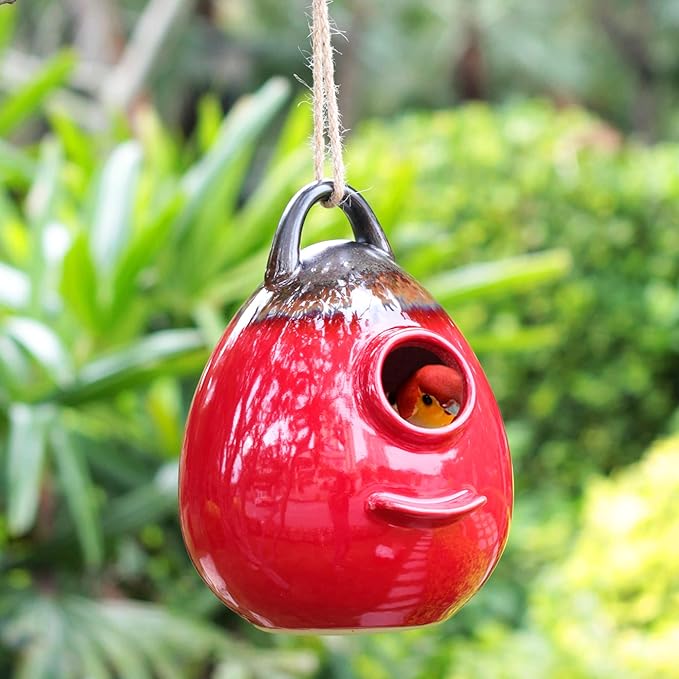 Kimdio Birdhouse Ceramic Hanging Birdhouses Bird Hut Hanging Outdoor Birdhouse for Wild Birds, Finch, Cardinal, and Bluebird - Red