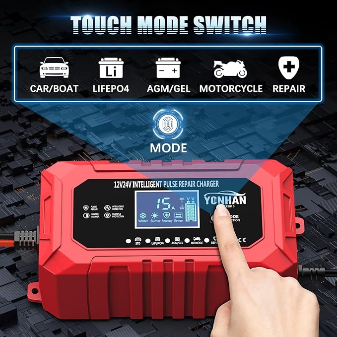 YONHAN 15A Battery Charger, 12V/24V LiFePO4 & Lead Acid Car Battery Charger, 9-Stage Trickle Charger with Temp Compensation, Automotive Battery Maintainer for Car Truck Motorcycle Lawn Mower Boat(Red)