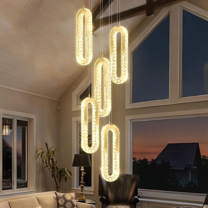 5 Rings Crystal Chandeliers for Staircase Large Pendants Light Fixture Gold High Ceiling Chandelier for Entryway Bedroom Foyer 2700K-6000K