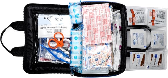 MFASCO First Aid Kit - 158 Piece, Blue Nylon Case with Carry Handles, Compact Emergency Kit for Home, Auto, Sports, Travel, Camping, Hiking, Backpacking - Lightweight 1.2 lbs, 8 x 6.5 x 3 Inches
