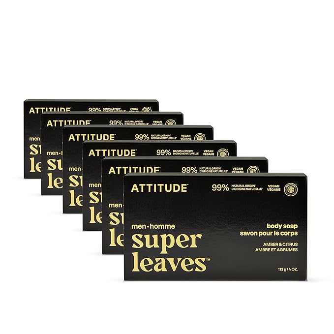 ATTITUDE Bar Soap Body Wash for Men, For Body and Hands, 99% Natural Origin Ingredients with Avocado Oil, EWG Verified, Amber & Citrus, 4 Oz (Pack of 6)