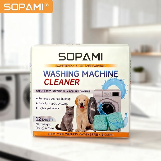 SOPAMI Washing Machine Cleaner Tablets for Pet Owners HE Front Load and Top Load Washer Deep Cleaning Septic Safe Removes Stubborn Pet Hair Eliminates Pet Odors Prevents Pet Dander Build Up