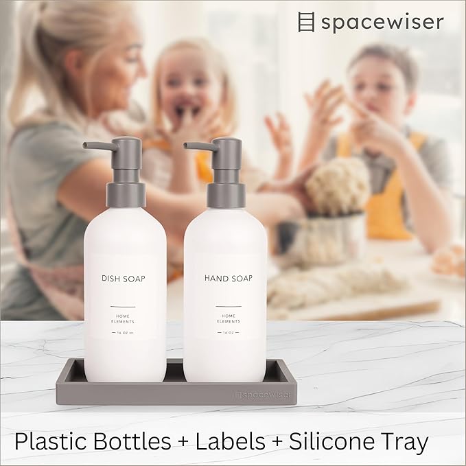 Plastic Soap Dispenser Set - PET Plastic Dish Soap Dispenser for Kitchen, Hand Soap Lotion Bottles with Pump Dispenser for Bathroom, Includes 8 Waterproof Labels, 16 oz, Gray Silicone Tray