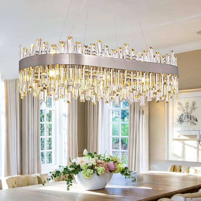 Siljoy Rectangular Crystal Chandelier for Dining Room, 16 Lights Modern Chrome 2-Tiers K9 Crystal Raindrop Chandelier Oval Dimmable Pendant Ceiling Light for Kitchen Island Bar L35.4 Inch
