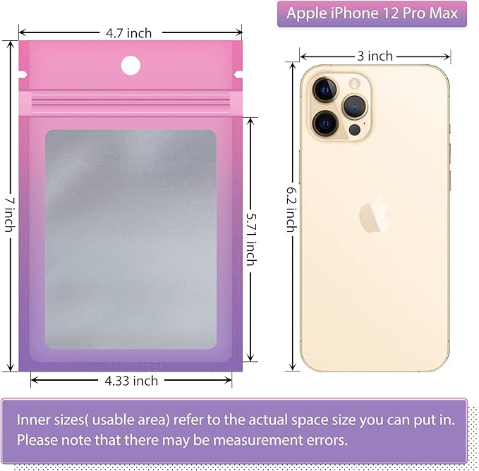 Funfery 100 Pcs Gradient Resealable Smell Proof Bags for Food Storage,Clear Cute Mylar Bags for Small Business Foil Pouch Zipper Packaging Bag for Sample Jewelry Eyelash Gloss(Pink Purple,4.7×7in)