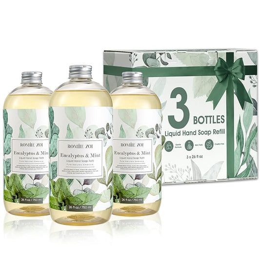 ROMIIE ZOI Eucalyptus & Mint Liquid Hand Soap Refill, Gentle & Moisturizing Formula, Natural Cruelty-Free Soap, Large 750 ML Bottles Bulk for Kitchen, Bathroom, and Dispensers (26 FL OZ, Pack of 3)