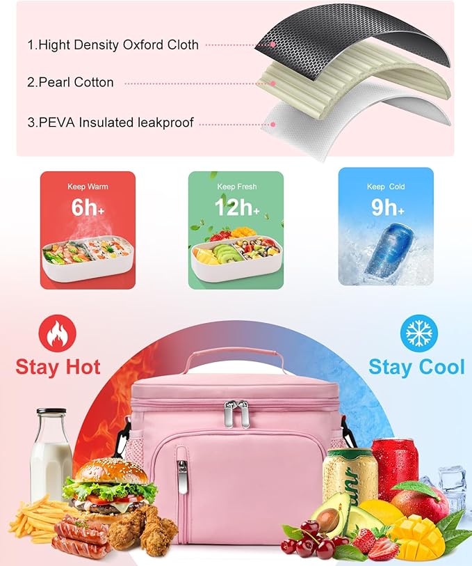 Insulated Lunch Bag for Men & Women - Leakproof Lunch Box Soft Cooler Tote, Adjustable Strap, Reusable Lunch Box for Work Office Picnic Beach Travel-Pink
