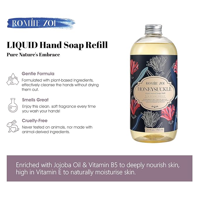 ROMIIE ZOI Liquid Hand Soap Refill, Honeysuckle, Gentle & Moisturizing Formula, 750 ML/ 26 FL OZ