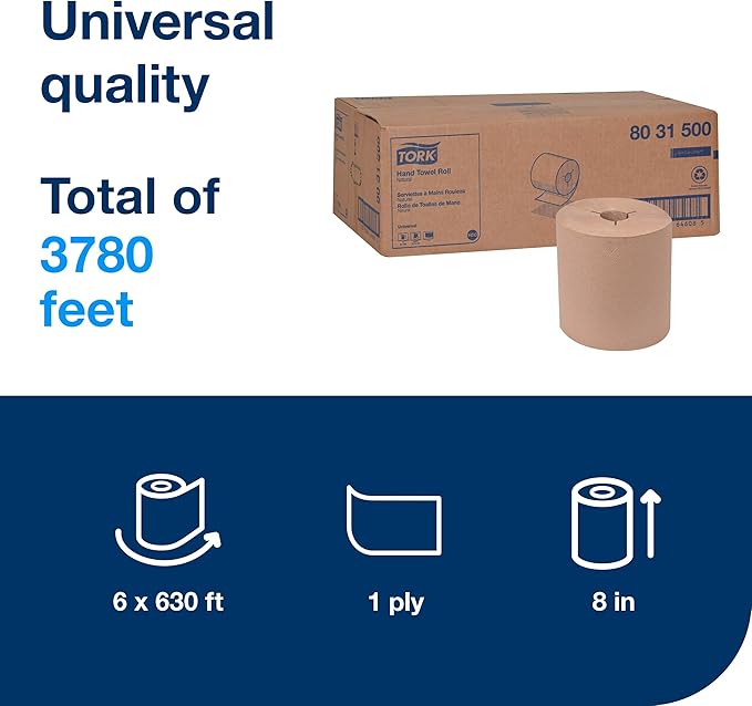 Tork Hand Towel Roll, Natural, Universal, H80, 100% Recycled, 1-Ply, 6 Rolls x 630 ft, 8031500