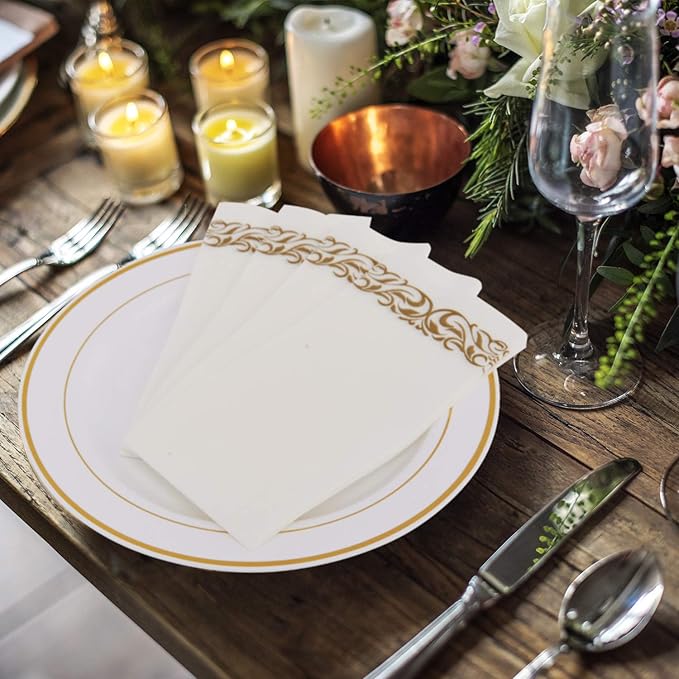 FOCUSLINE 100 Linen Feel Bathroom Napkins, Soft and Absorbent Disposable Guest Towels, Cloth-Like Paper Hand Towels Decorative Napkins for Dinners, Parties, Weddings or Events, Gold, 12" x 17"
