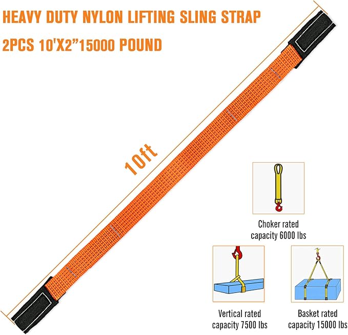 2 Pcs 2" x10FT Heavy Duty Nylon Lifting Sling Strap, 15000lb Capacity Super Sturdy Flat Eye Rigging Strap for Hoist, Towing, Moving, Tree Saver Recovery, and Winch