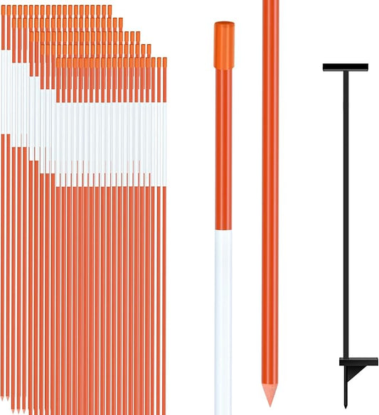 100PCS 48" Driveway Markers, 1/4 Inch Dia Reflective Driveway Poles with Installation Tool, Orange Fiberglass Snow Stakes with Reflective Tape for Parking Lots, Walkways