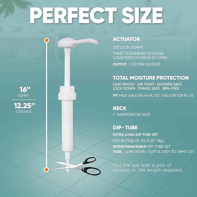 Gallon Pump Dispenser - Dispenses 1 Ounce Per Stroke - for Plastic or Glass Bottles – Heavy-Duty Leak Proof for Commercial and Household Use – BPA Free 38/400 (Pack of 4)