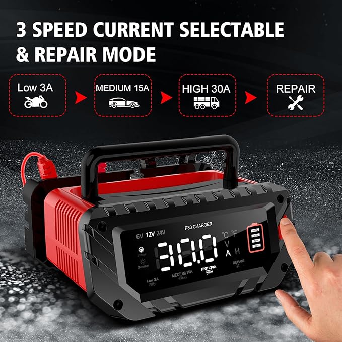 30 AMP Car Battery Charger, 6V/12V/24V Lead-Acid, Lithium, LiFePo4 Smart Battery Charger, Large Screen Trickle Charger, Fully Automatic Chargers and Maintainer for Car, Motorcycle, Lawn Mower