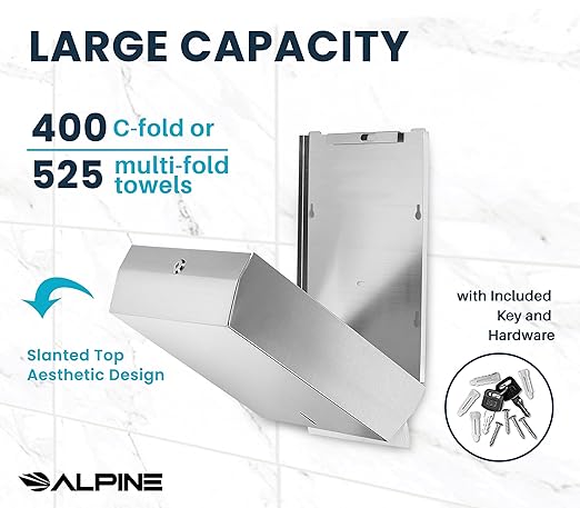 Alpine Commercial Paper Towel Dispenser – Wall-Mount Stainless Steel Holder for C-Fold & Multifold Towels – Durable & Lockable for Restaurants, Offices & Public Restrooms