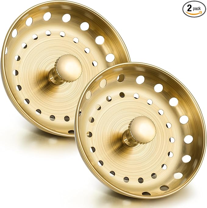 Retisee 2 Pcs Kitchen Sink Stopper Strainer Stainless Steel Drain Strainers for Universal 3-1/2 Inch Kitchen Sink Drain Replacement(Brushed Gold)