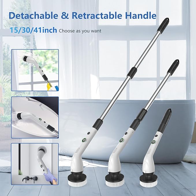 Electric Spin Scrubber, Cleaning Brush with 8 Brush Heads, IPX7 Waterproof LED Display, Adjustable Extension Handle Shower Scrubber for Bathroom Floor Tub Tile (Black)