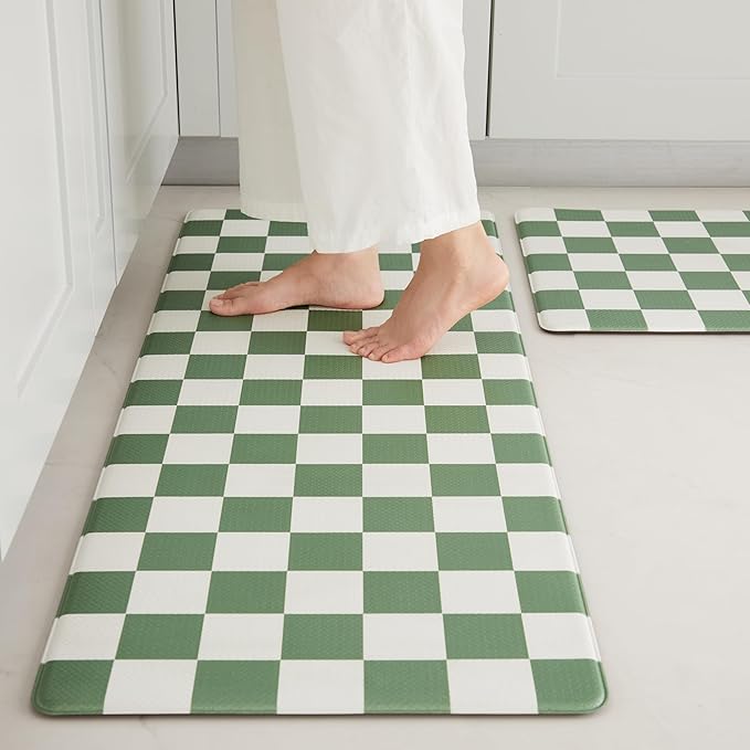 Checkered Kitchen Mats for Floor Set of 2, 2 Pcs Sage Green Cushioned Non Slip Runner Rugs for Kitchen/Sink/Laundry, Comfort Aesthetic Cute Anti-Fatigue Foam Floor Mat 17.3"x29.5"+17.3"x47.2"