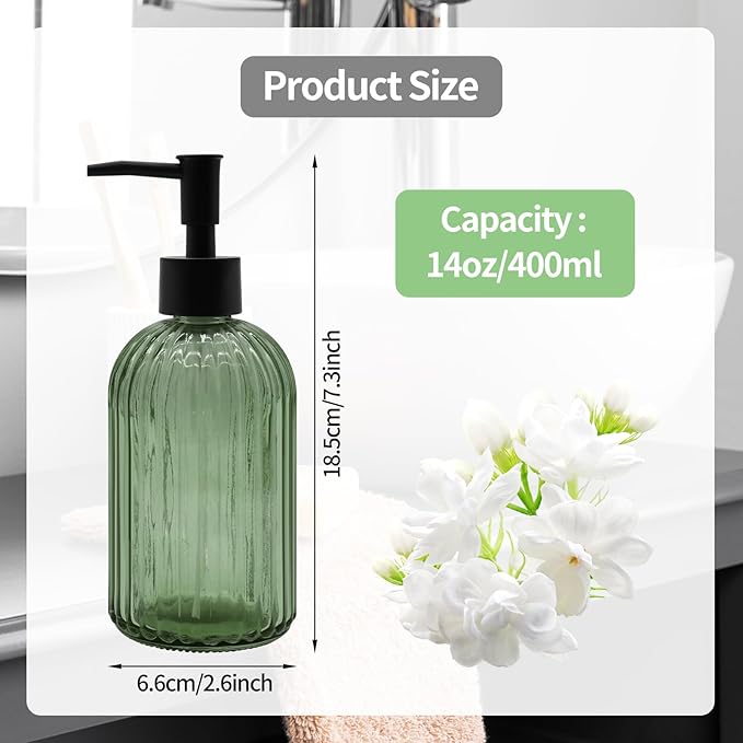 14oz Green Glass Soap Dispenser with Black Pump – Refillable for Hand Soap, Dish Soap, Lotion, Suited for Kitchen, Bathroom & Laundry Room (Olive Green)