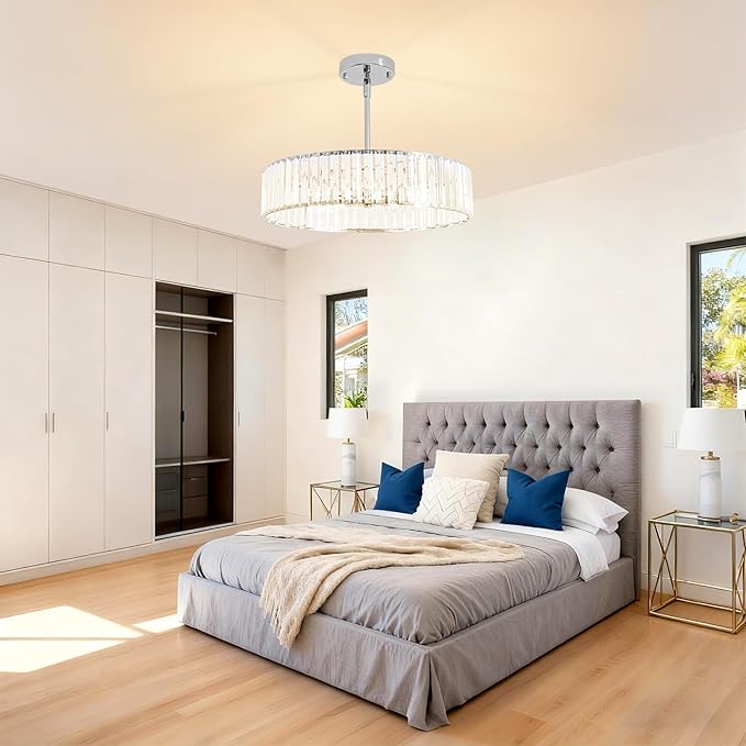 Modern Chrome Crystal Chandelier,20in Dinning Room Light Fixture,Round Kitchen Hanging Drum Pendant Lights,Semi Flush Mount Ceiling for Living Room Entryway Bedroom Foyer, 5-Light