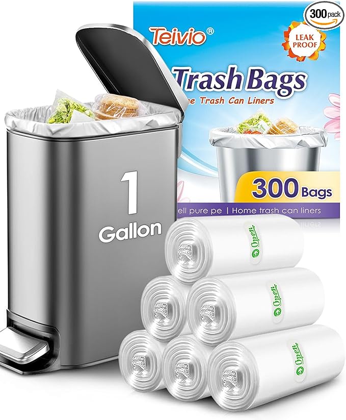 Teivio 1 Gallon 300 Counts Strong Clear Trash Bags Garbage Bags,Mini Waste Basket Liners,Tiny Bathroom Trash Can Bin Liners,Small Plastic Bags for Home Office Kitchen Car Bedroom Dog waste Baby Diaper